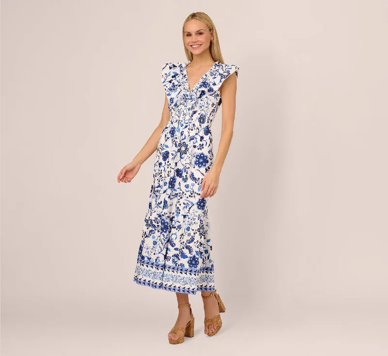 Stylish spring dresses with asymmetric details -Sleeveless Ruffle Collar Printed Midi Dress In White Blue Multi