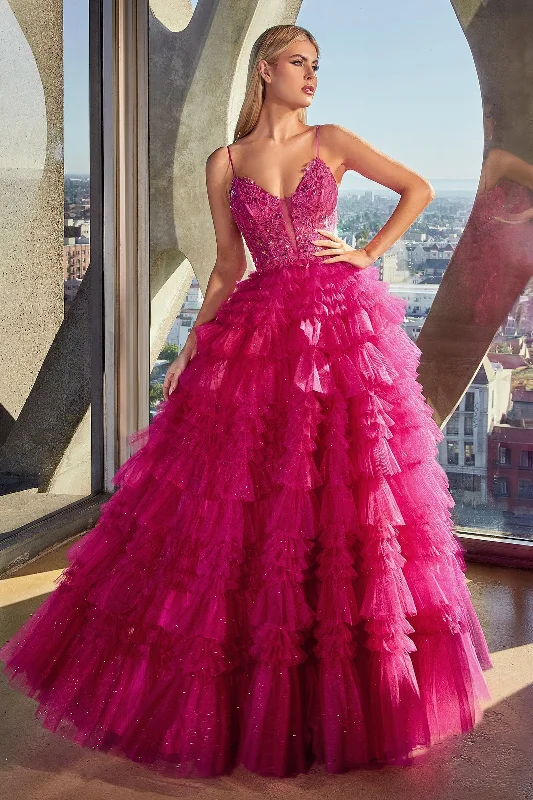 Stunning wedding guest dresses with delicate floral appliqué -Applique Sleeveless Ruffled Tiered Gown by Ladivine C152
