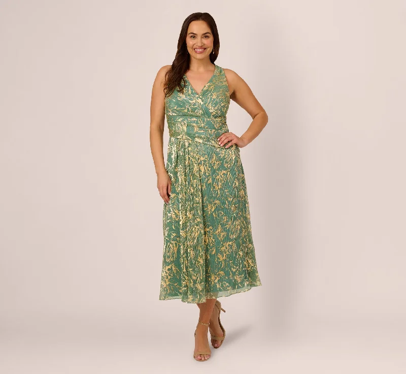Best wedding guest dresses for springtime celebrations -Plus Size Sleeveless Metallic Crinkle Midi Dress In Sage Gold