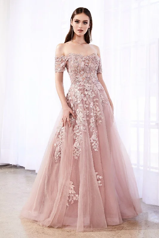 Wedding guest dresses that pair well with shawls -Applique Long Off Shoulder Dress by Cinderella Divine C20