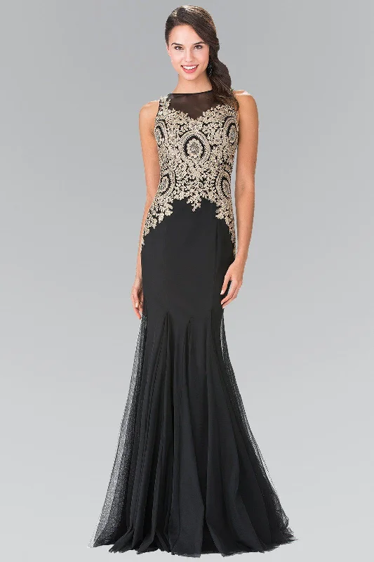 formal dresses for students attending award ceremonies --Sleeveless Illusion Dress with Lace Applique by Elizabeth K GL2283