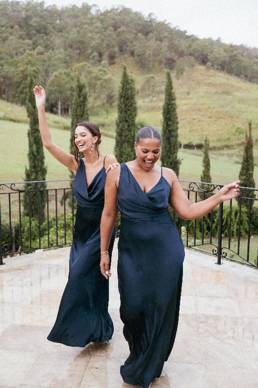 chiffon bridesmaid dresses in pastel colors for spring weddings --Anela Asymmetric Midi Dress - Navy