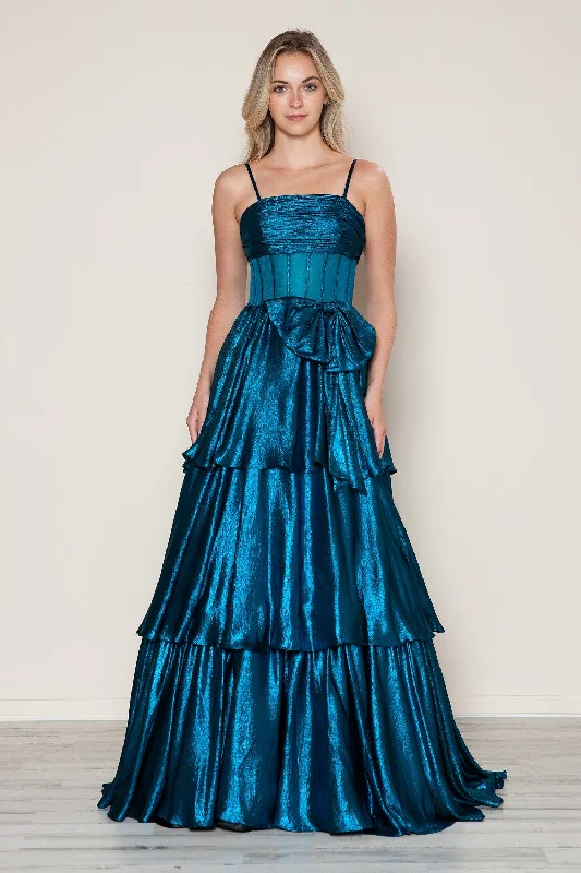 formal dresses for tall women with high slits --Metallic Sleeveless A-line Gown by Poly USA 9718