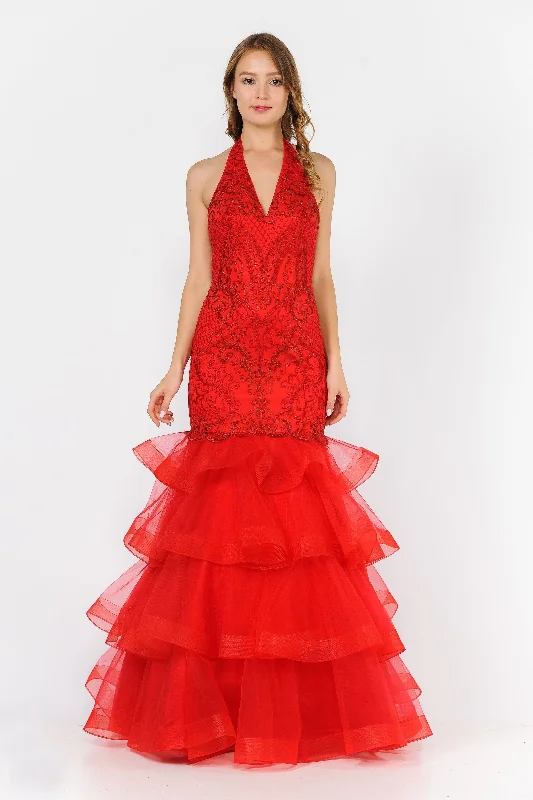 cocktail dresses with floral embroidery for romantic occasions --Embroidered Long Halter Mermaid Dress by Poly USA 8466