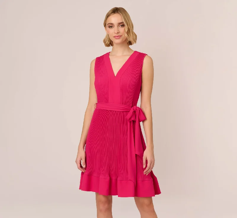Spring dresses with floral lace accents for a vintage look -Sleeveless Pleated Dress With Self Tie Waist In Hot Pink