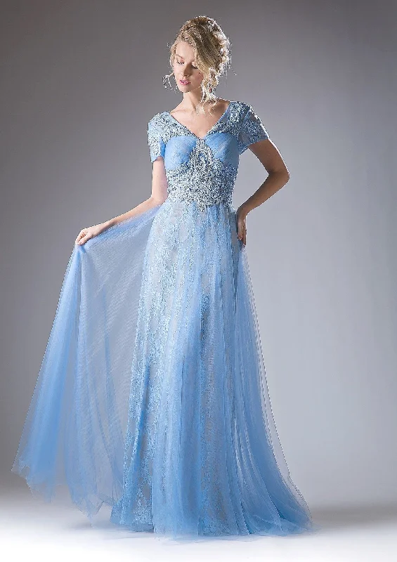 Beautiful wedding guest dresses for evening garden parties -Beaded Lace Short Sleeve Gown by Cinderella Divine CD004