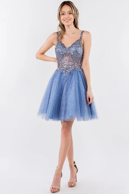 Bright colored party dresses for beach parties -Short Sheer Bodice Glitter Dress by Elizabeth K GS1967