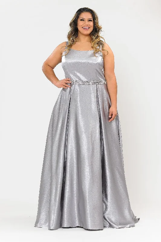Best wedding guest dresses for outdoor ceremonies -Plus Size Long Satin Dress with Beaded Waist by Poly USA W1010