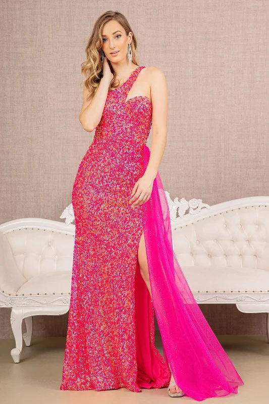 cocktail dresses with wrap fronts for flattering shapes --Sequin One Shoulder Slit Gown by Elizabeth K GL3133