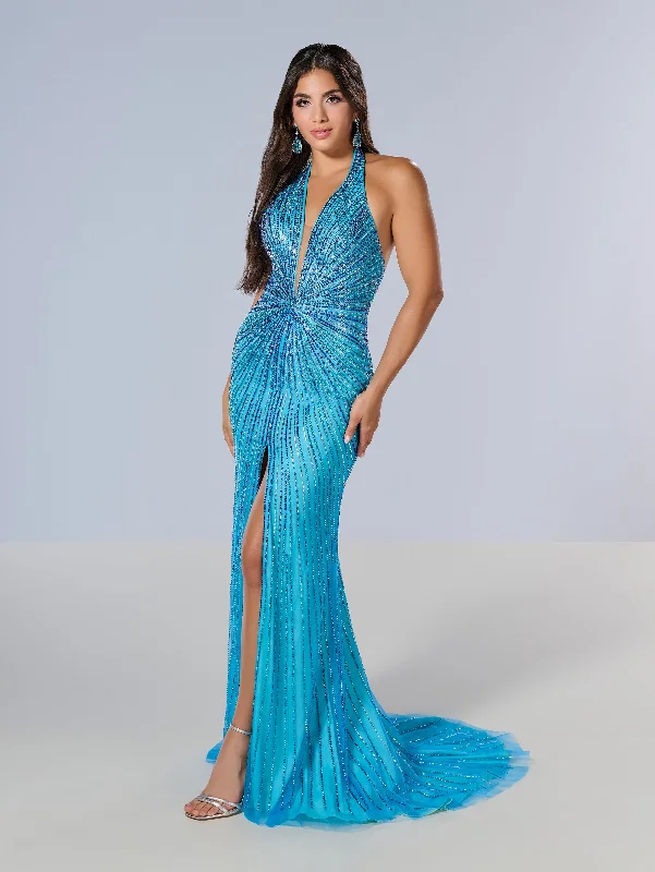 formal dresses for holiday parties in jewel tones --Beaded Fitted Halter Slit Gown by Tiffany Designs 16205