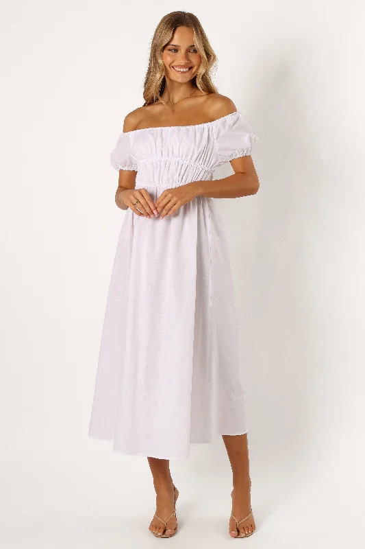 Spring dresses with crochet details for a boho vibe -Sofia Off Shoulder Maxi Dress - White