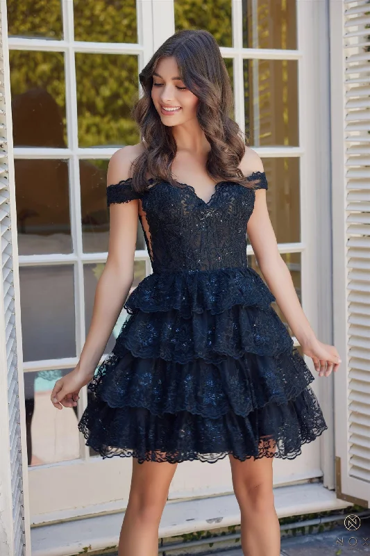 Stylish graduation dresses with high-quality craftsmanship -Short Off Shoulder Tiered Dress by Nox Anabel R877