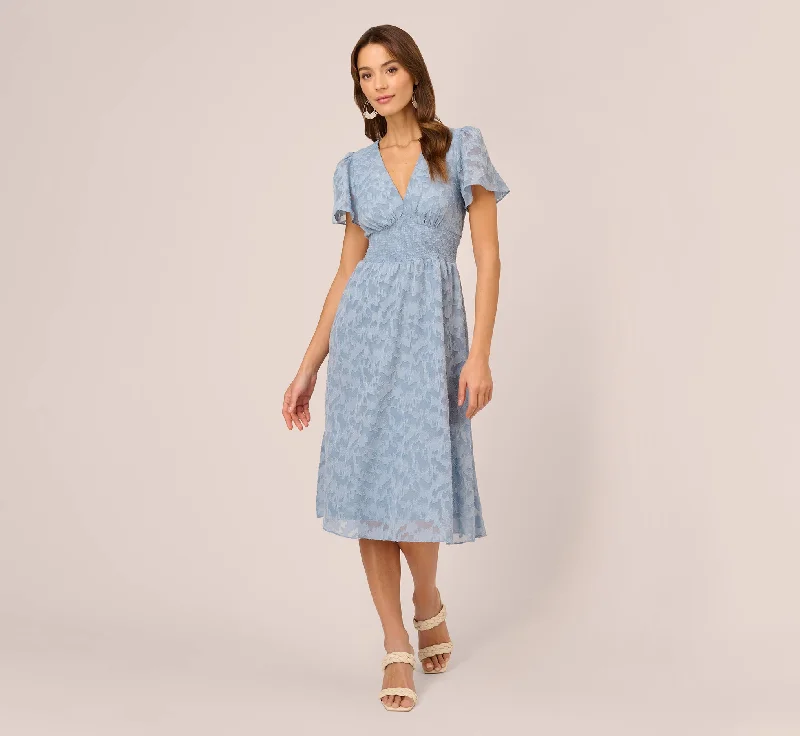 Spring dresses for a cozy evening with a warm jacket -Burnout Smocked Midi Dress With Short Sleeves In Dusty Blue