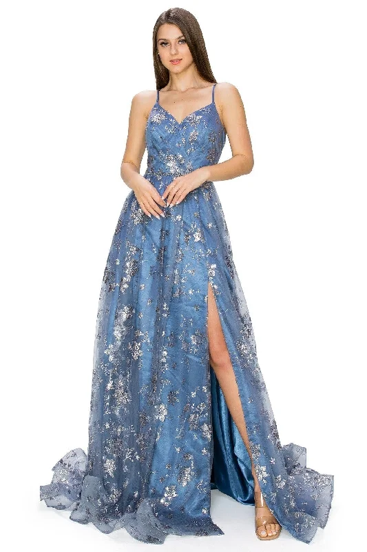 cocktail dresses with mesh inserts for edgy style --Glitter Print Sleeveless Slit Gown by Cinderella Couture 8022J