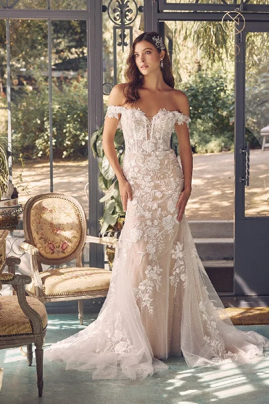 Best dresses for wedding guests attending a formal reception -Applique Off Shoulder Bridal Mermaid Gown by Nox Anabel JE974