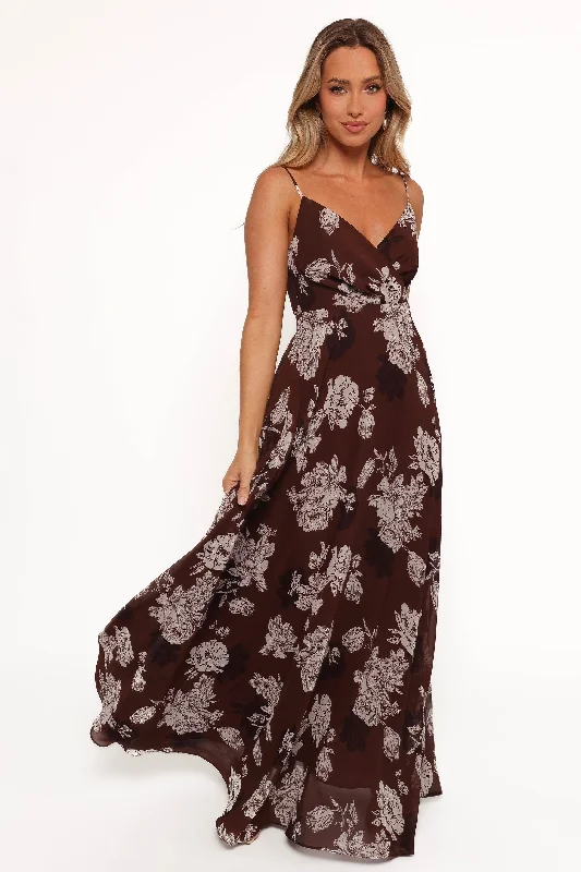 Wedding guest dresses with layered fabric for added texture -Madilyn Maxi Dress - Brown Floral