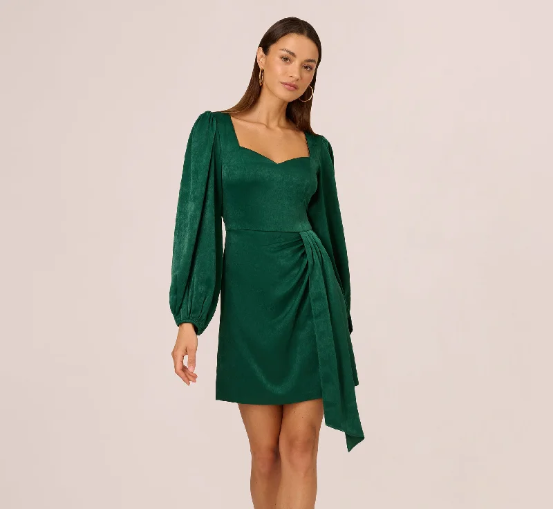 Spring dresses with a midi length for a balanced look -Long Sleeve Satin Dress With Draped Details In Dark Ivy
