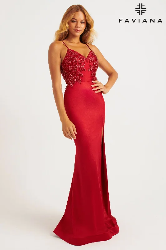 cocktail dresses with tiered ruffles for dramatic effect --Beaded Satin Sleeveless Slit Gown by Faviana 11256
