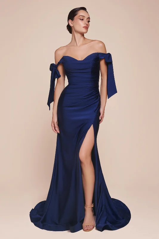 Wedding guest dresses with intricate lace work for added sophistication -Fitted Off Shoulder Gown by Cinderella Divine CD943 - Outlet