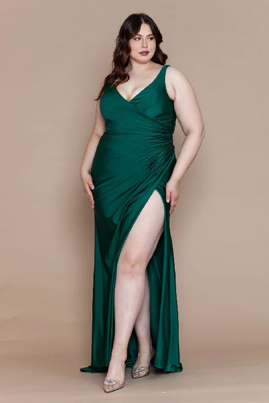 cocktail dresses with sweetheart necklines for romantic looks --Plus Size Fitted V-Neck Slit Gown by Poly USA W1114