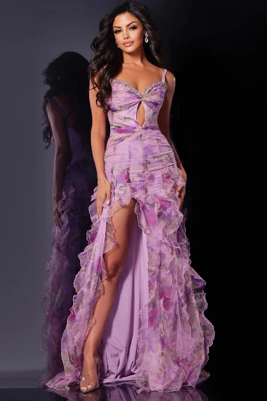cocktail dresses with tiered skirts for playful movement --Floral Print Fitted Sleeveless Slit Gown by Jovani D5113