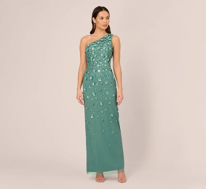 formal dresses with embroidered beadwork for luxury appeal --3D Floral Hand-Beaded One-Shoulder Long Column Gown In Green Slate