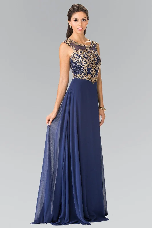Wedding guest dresses with eye-catching prints for a bold look -Long Sleeveless Dress with Gold Applique by Elizabeth K GL2316