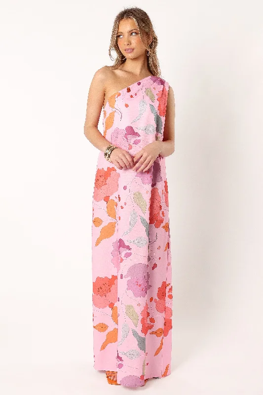 Elegant wedding guest dresses with delicate lace detailing -Tillie One Shoulder Maxi Dress - Pink Floral