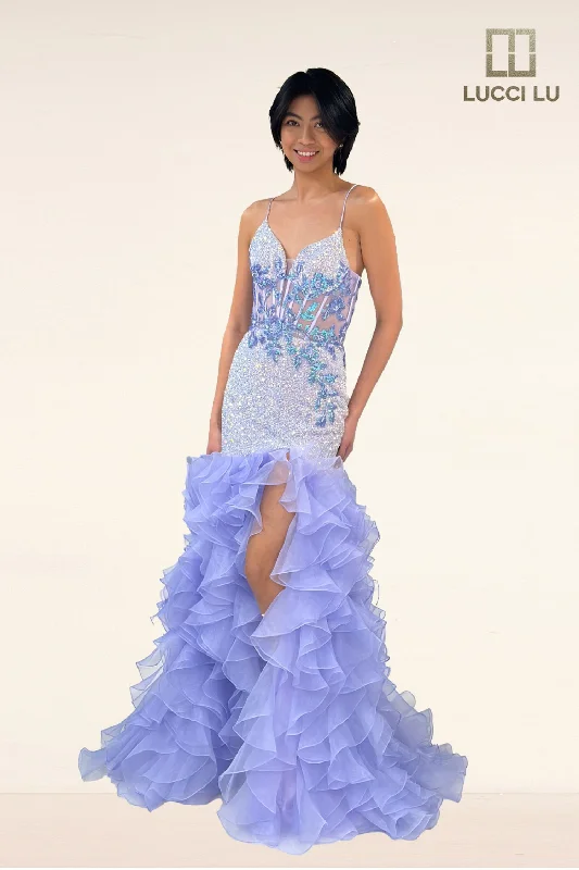 formal dresses with tiered skirts for volume and movement --Fitted V-Neck Ruffled Slit Gown by Lucci Lu 1395