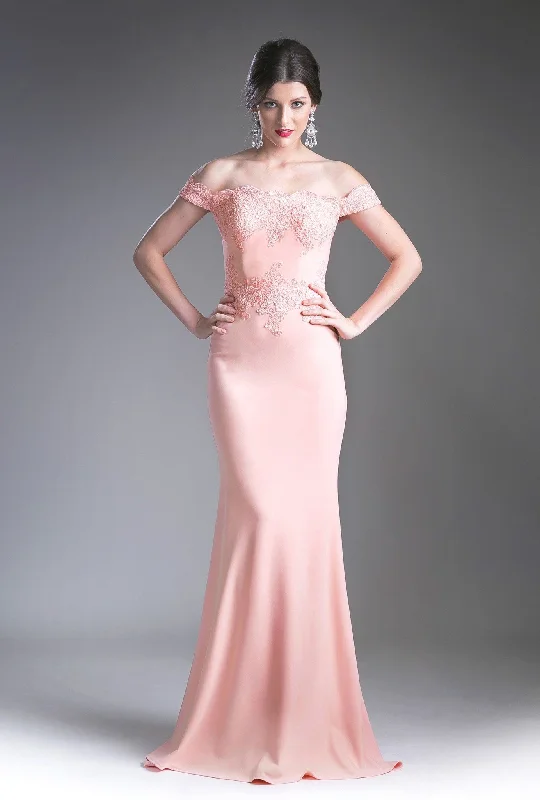 Trendy wedding guest dresses for weddings in tropical climates -Long Off Shoulder Lace Bodice Dress by Cinderella Divine CF158