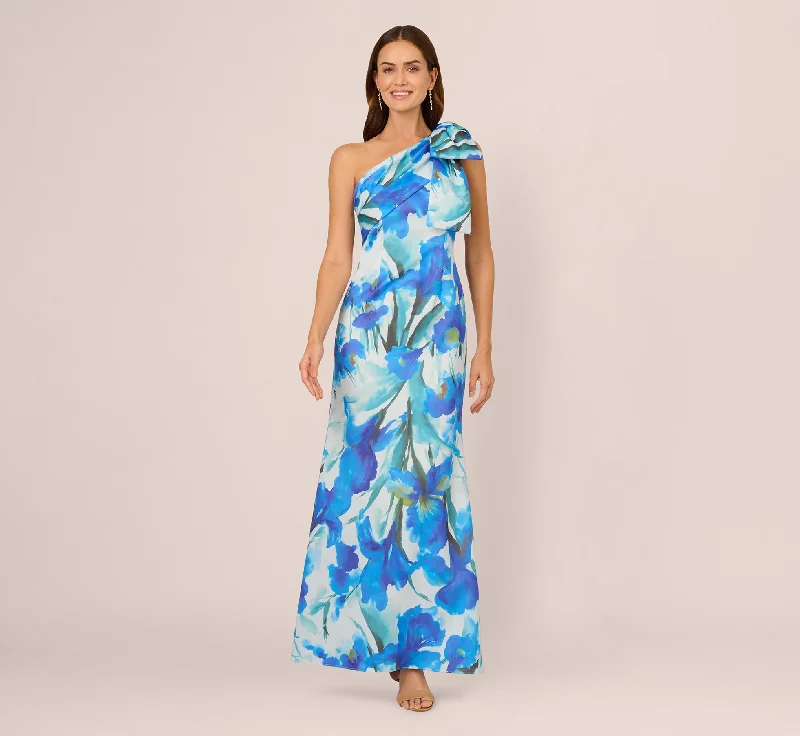 formal dresses with side slits for ease of movement --One Shoulder Floral Print Mermaid Gown In Blue Multi