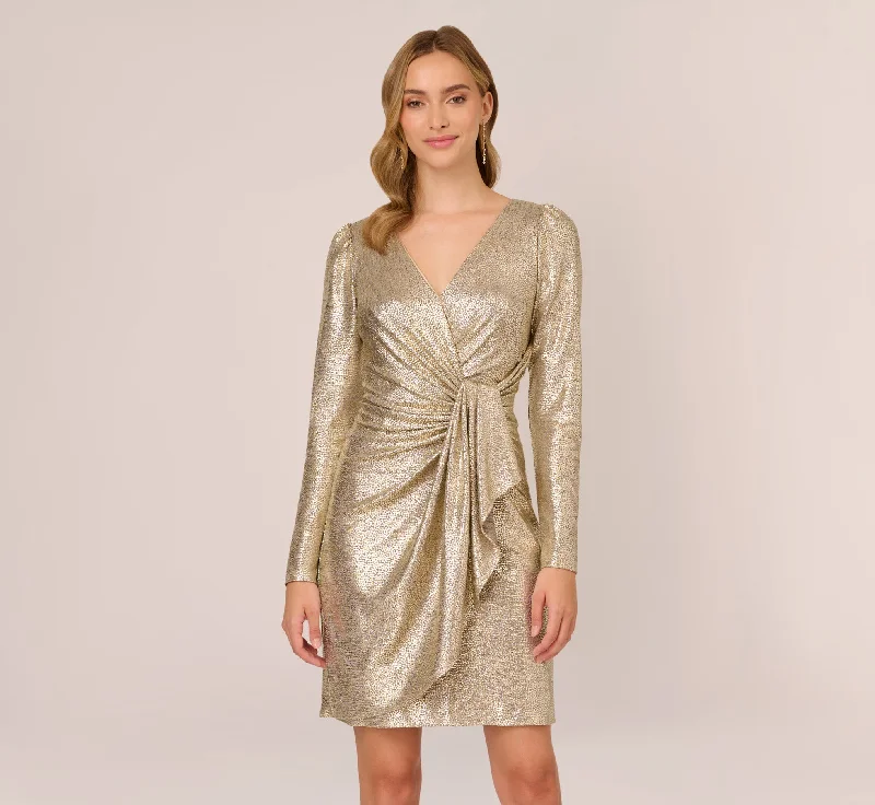 Spring dresses for a casual date with a flirty vibe -Foil Knit Faux Wrap Dress With Long Sleeves In Light Gold