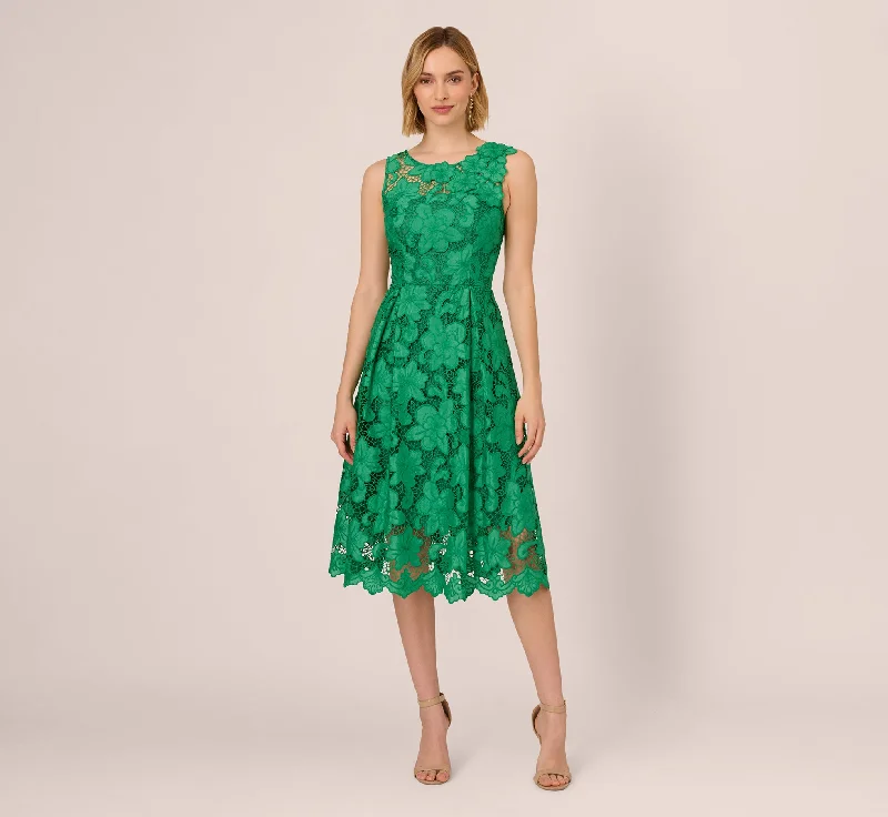 Best wedding guest dresses for vineyard weddings with scenic views -Lace Sleeveless Midi Dress With Sheer Neck And Hem In Green