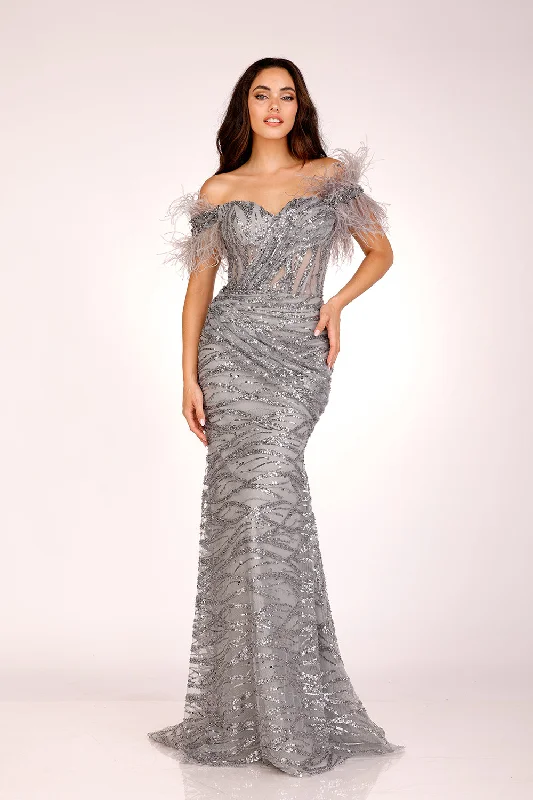 cocktail dresses with lace sleeves for modesty --Feather Off Shoulder Mermaid Dress by Lucci Lu C8040