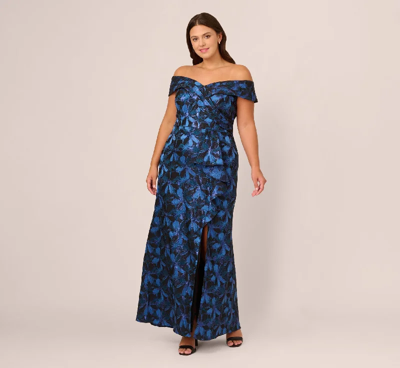 affordable formal dresses under $100 for prom --Plus Size Off Shoulder Jacquard Gown In Blue Multi