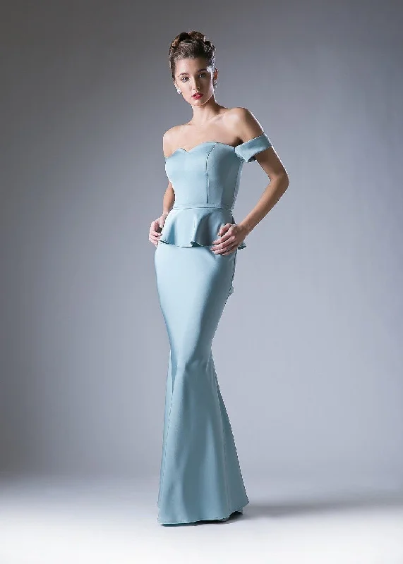 Perfect wedding guest dresses for beach weddings and celebrations -Fitted Off Shoulder Peplum Gown by Cinderella Divine CF134