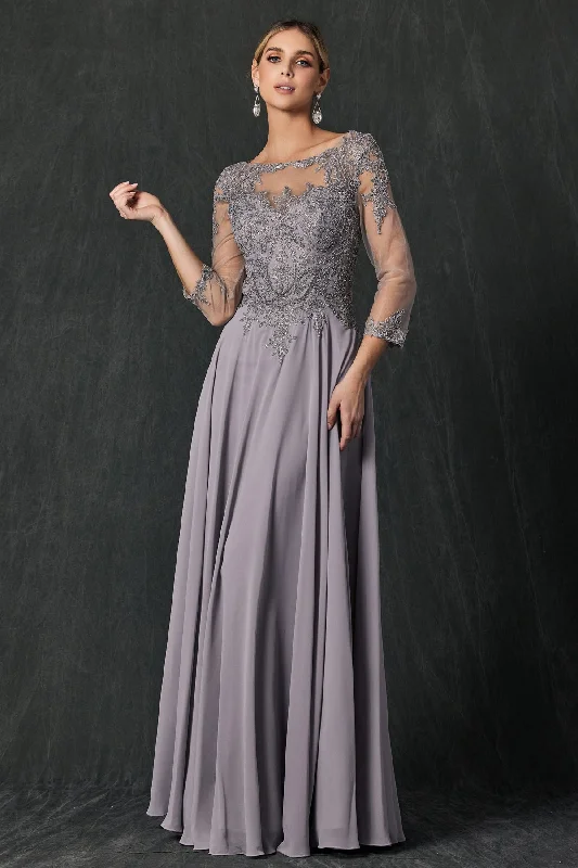 Wedding guest dresses with luxurious fabrics like satin and silk -Lace Applique 3/4 Sleeve Chiffon Gown by Juliet M12