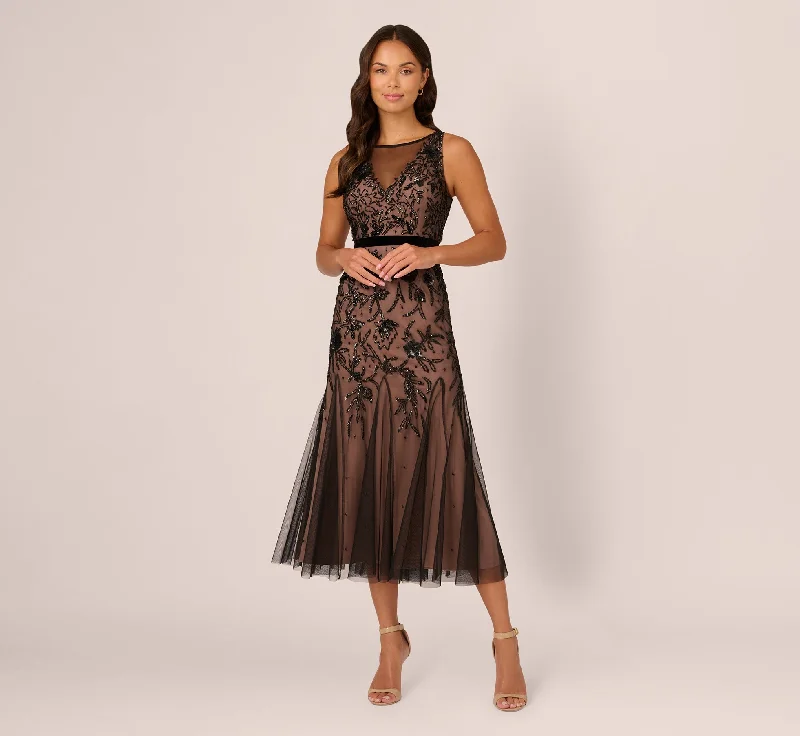 Gorgeous floral wedding guest dresses for summer outdoor weddings -Illusion Neckline Beaded Dress In Black Rosegold