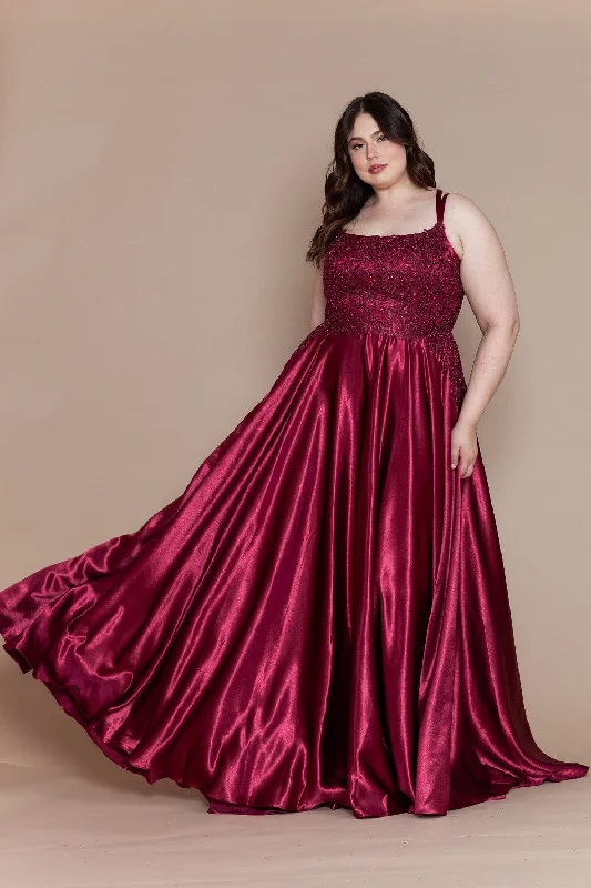 Wedding guest dresses with sleeves for extra coverage -Plus Size Embroidered Long Satin A-line Dress by Poly USA W1094