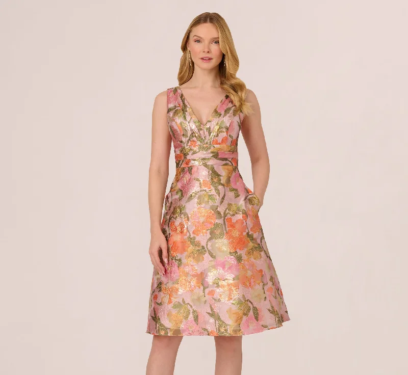 Stylish wedding guest dresses for daytime cocktail receptions -Metallic Floral Jacquard Midi Dress In Yellow Orange Multi