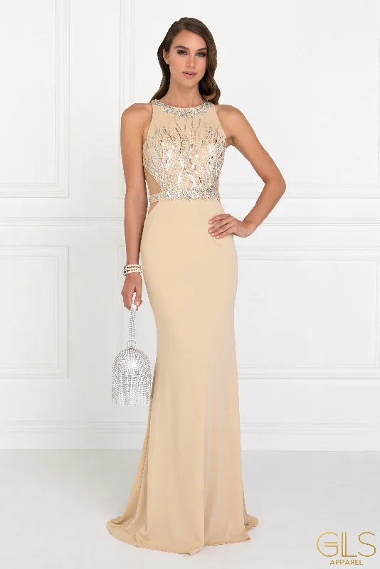 formal dresses with adjustable waist ties for comfort --Long Beaded Sleeveless Dress with Sheer Sides by Elizabeth K GL2294