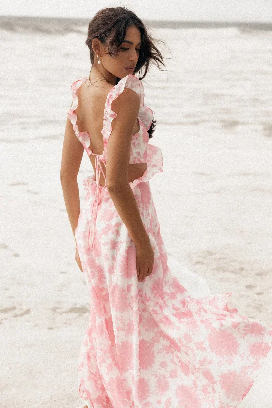 cocktail dresses with beaded straps for sparkle --Rori Ruffle Maxi Dress - Pink Floral