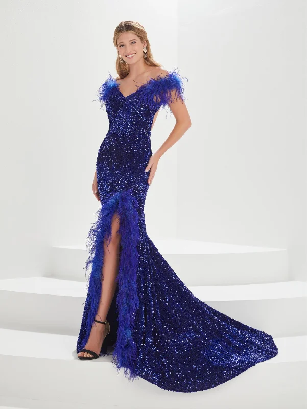 cocktail dresses with asymmetrical hemlines for unique style --Feather Sequin Off Shouler Gown by Tiffany Designs 16004