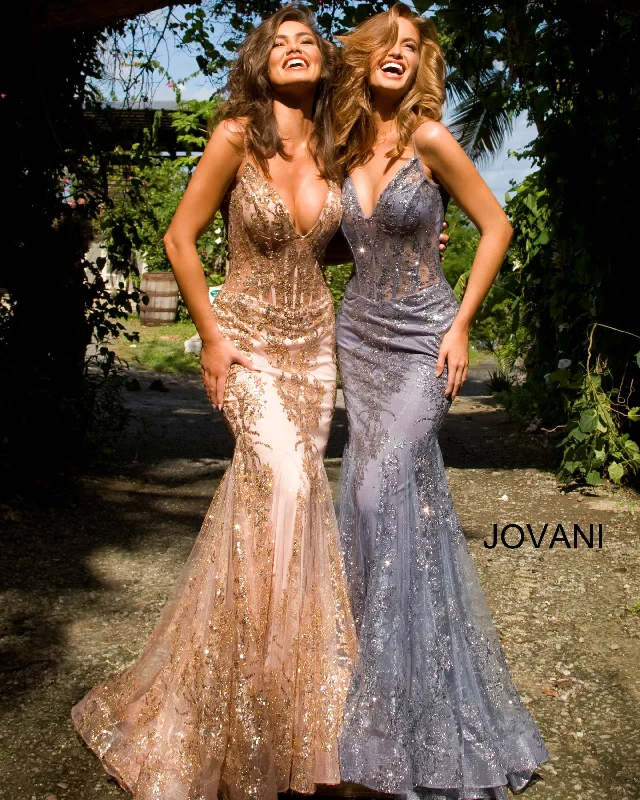 cocktail dresses with ruched sides for slimming effect --Glitter Print Fitted Sleeveless Gown by Jovani 3675