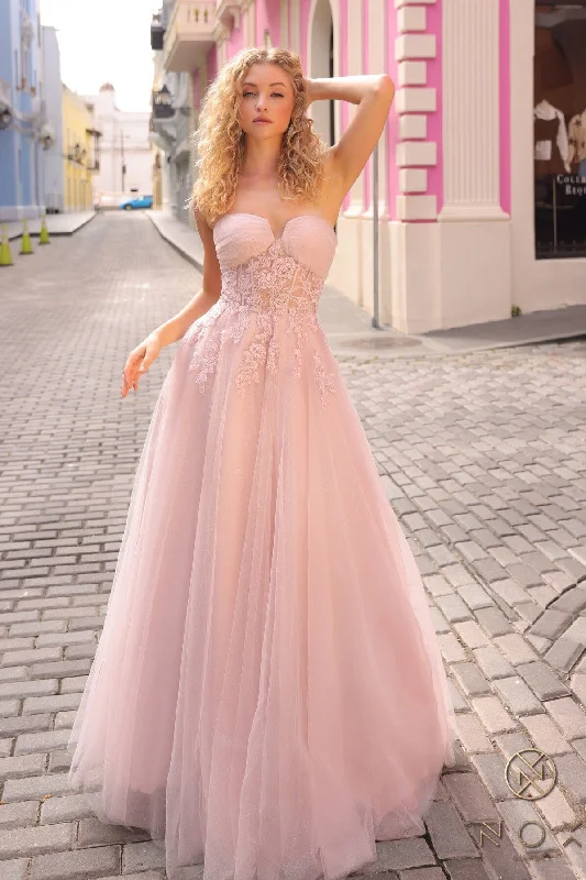 cocktail dresses with floral patterns for spring events --Applique Strapless A-line Glitter Gown by Nox Anabel T1326