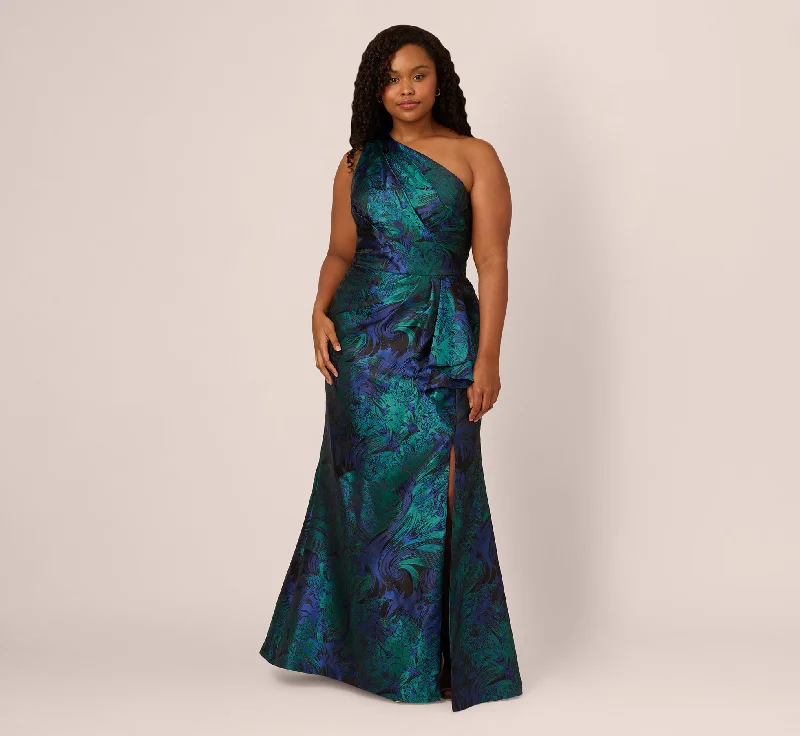 formal dresses with floral embroidery for spring occasions --Plus Size One Shoulder Jacquard Mermaid Gown With Drape Detail In Cobalt Teal