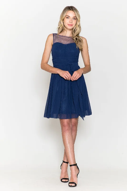 Velvet party dresses for winter events -Short Sleeveless Illusion Dress with Bow by Poly USA 7006
