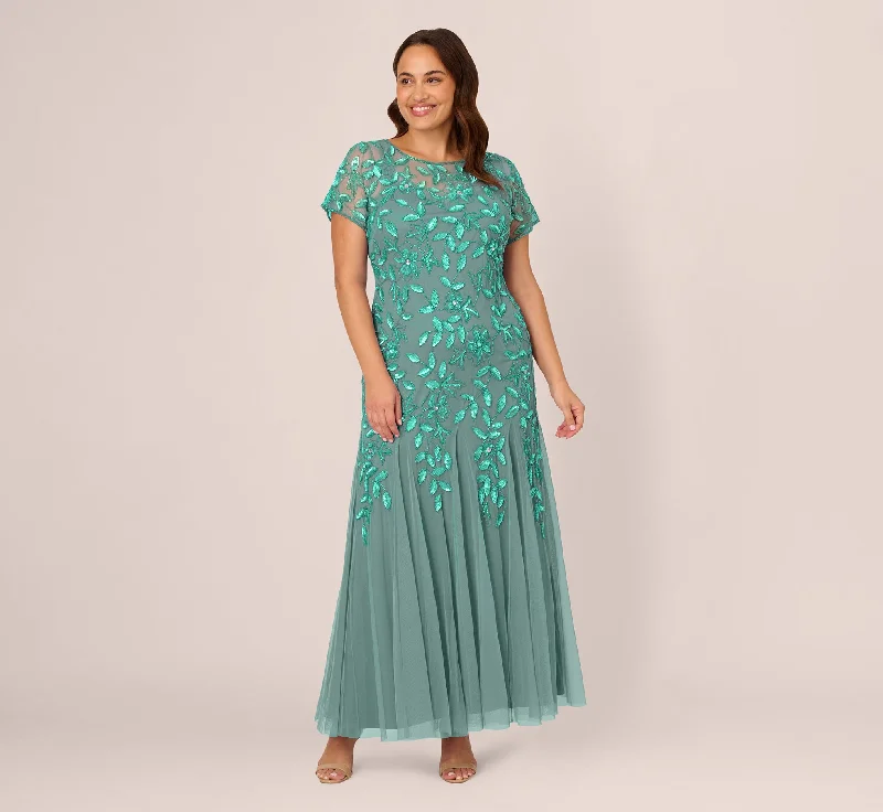 formal dresses for prom with tulle skirts and corset tops --Plus Size Hand Beaded Short Sleeve Floral Godet Gown In Green Slate
