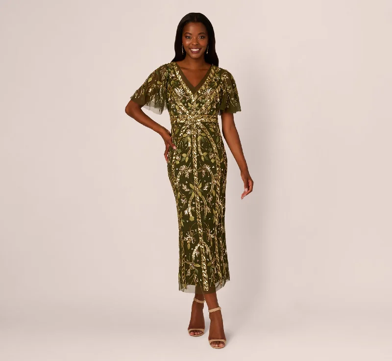 Wedding guest dresses in emerald green for a pop of color -Sequin Beaded Ankle Length Dress With Flutter Sleeves In Olive