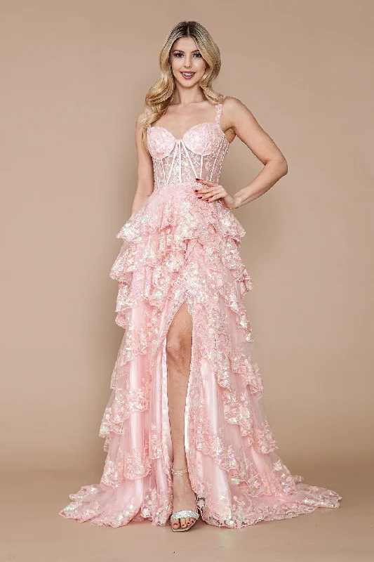 formal dresses for women with disabilities featuring magnetic closures --Applique Sleeveless Layered Slit Gown by Poly USA 9410